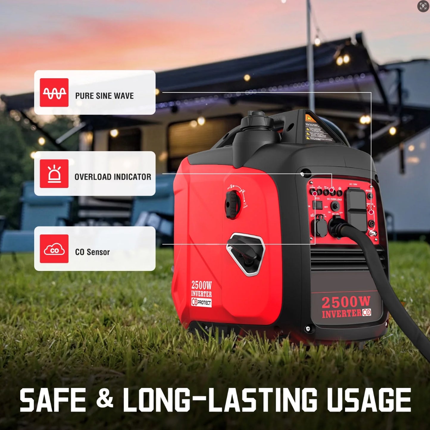 Vipsafe 2500W Portable Inverter Generator, CO Detection, Super Quiet, Low Oil Shutdown, Ideal for Camping & Outdoor Activities