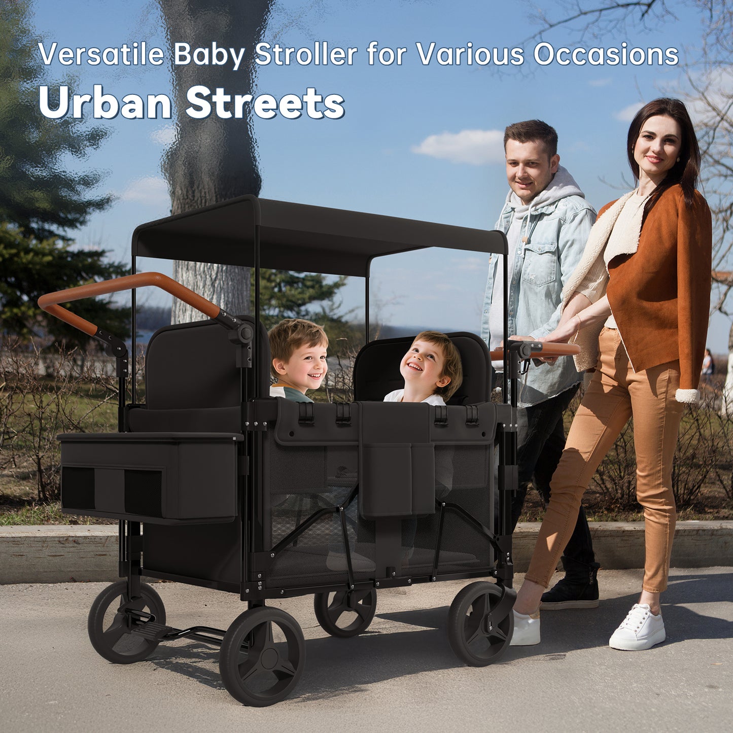 Vipsafe Foldable Wagon Stroller for 4 Kids, Multifunctional Wagon with Detachable Canopy, Adjustable Handlebars, Removable Seats, and Easy Storage