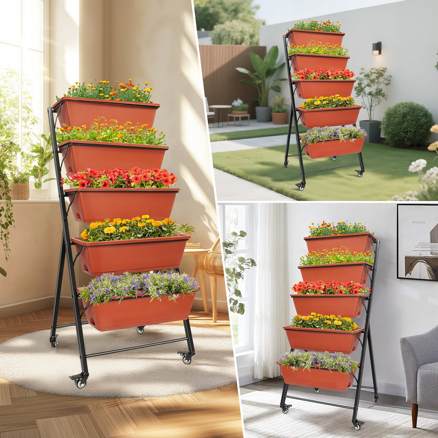 Vipsafe 4FT 5-Tier Vertical Garden Bed with Wheels, Ideal for Indoor/Outdoor Use, Brown, 19.7" x 21.3" x 46.9"