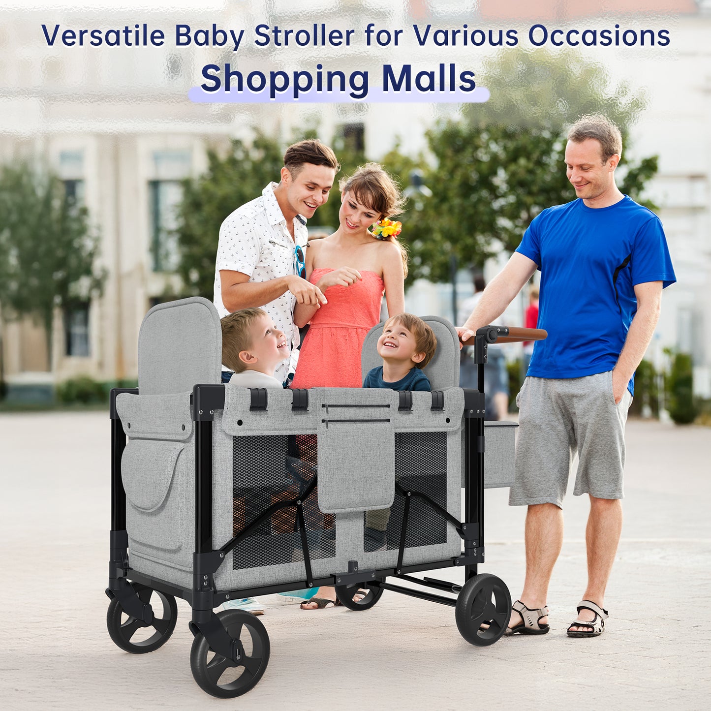 Vipsafe Foldable Wagon Stroller for 2 Kids, Multifunctional Wagon with Detachable Canopy, Adjustable Handlebars, Removable Seats, Gray