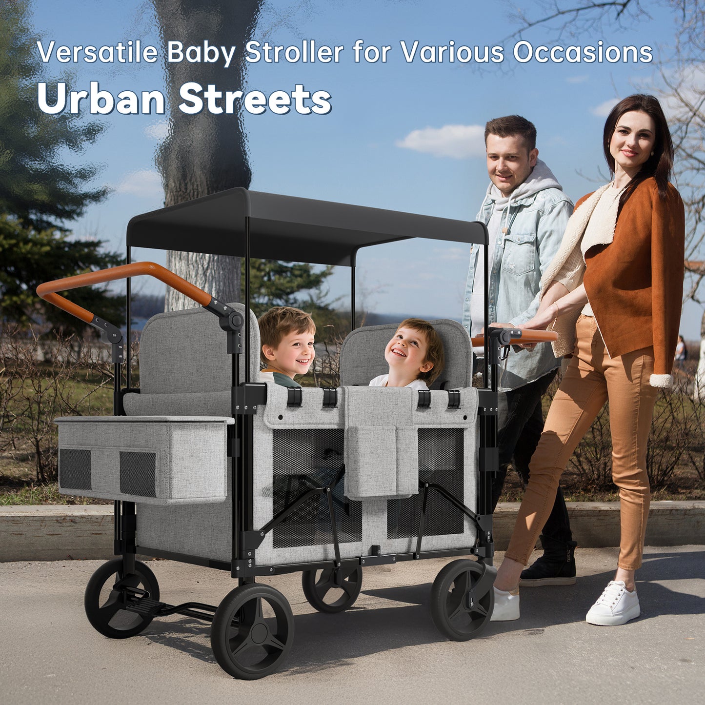 Vipsafe Foldable Wagon Stroller for 4 Kids, Multifunctional Wagon with Detachable Canopy, Adjustable Handlebars, Removable Seats, Gray