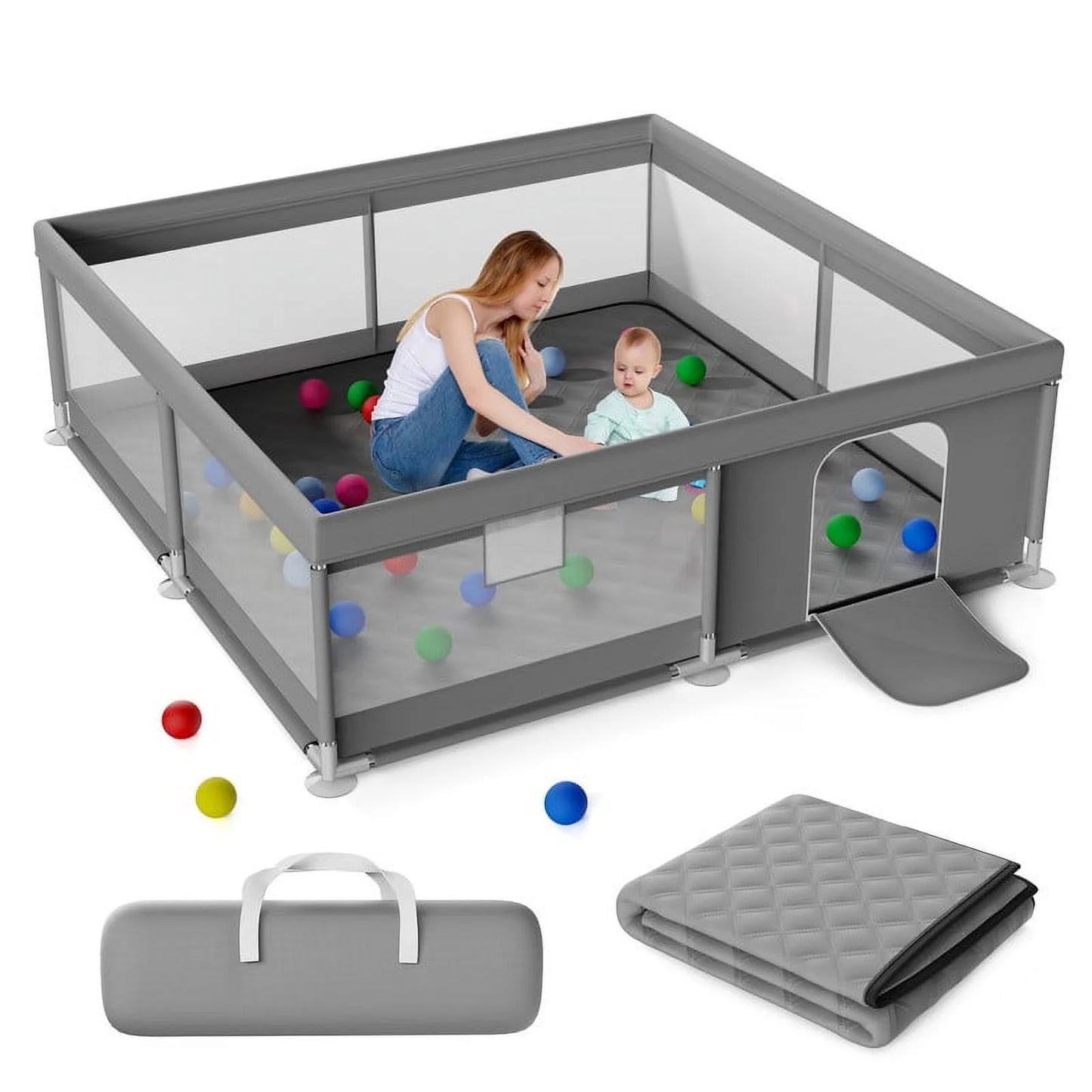 Vipsafe Baby Playpen Safety Play Yard with Mat and Carry Bag, Portable & Easy to Assemble, 50" x 50", Gray