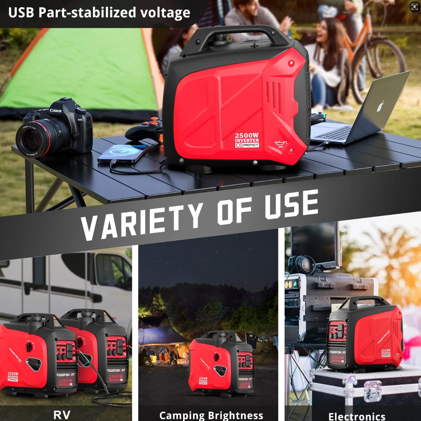 Vipsafe 2500W Portable Inverter Generator, CO Detection, Super Quiet, Low Oil Shutdown, Ideal for Camping & Outdoor Activities