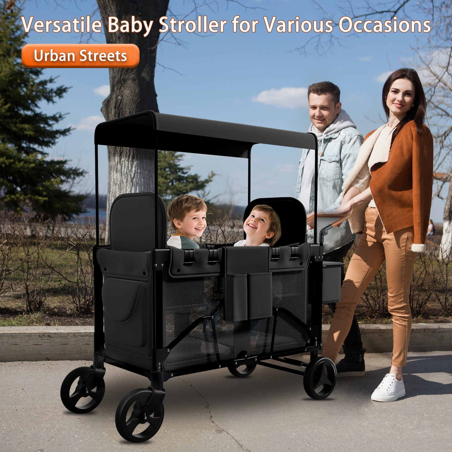 Vipsafe Foldable Wagon Stroller for 2 Kids, Multifunctional Wagon with Detachable Canopy, Adjustable Handlebars, Removable Seats, and Easy Storage