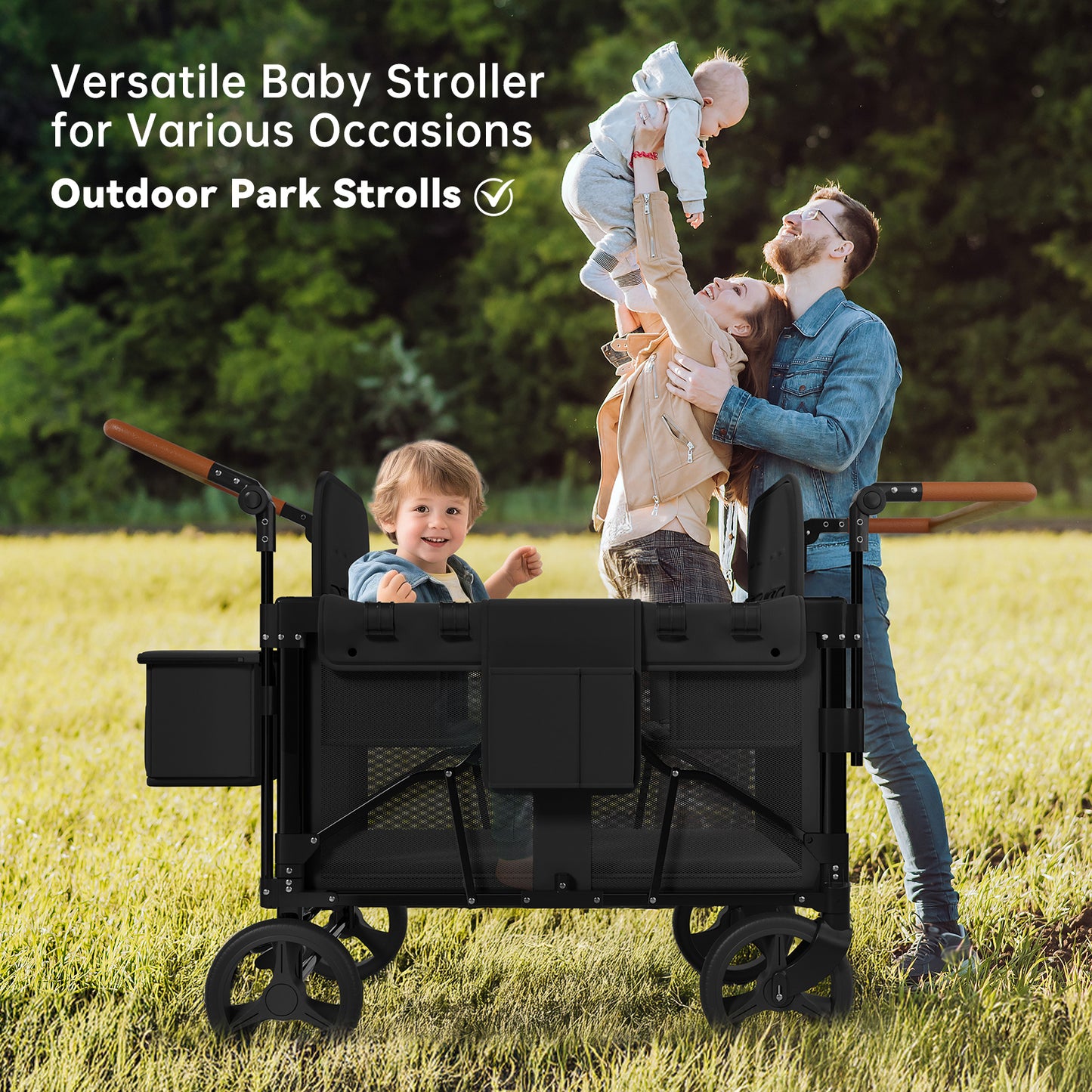 Vipsafe Foldable Wagon Stroller for 4 Kids, Multifunctional Wagon with Detachable Canopy, Adjustable Handlebars, Removable Seats, and Easy Storage