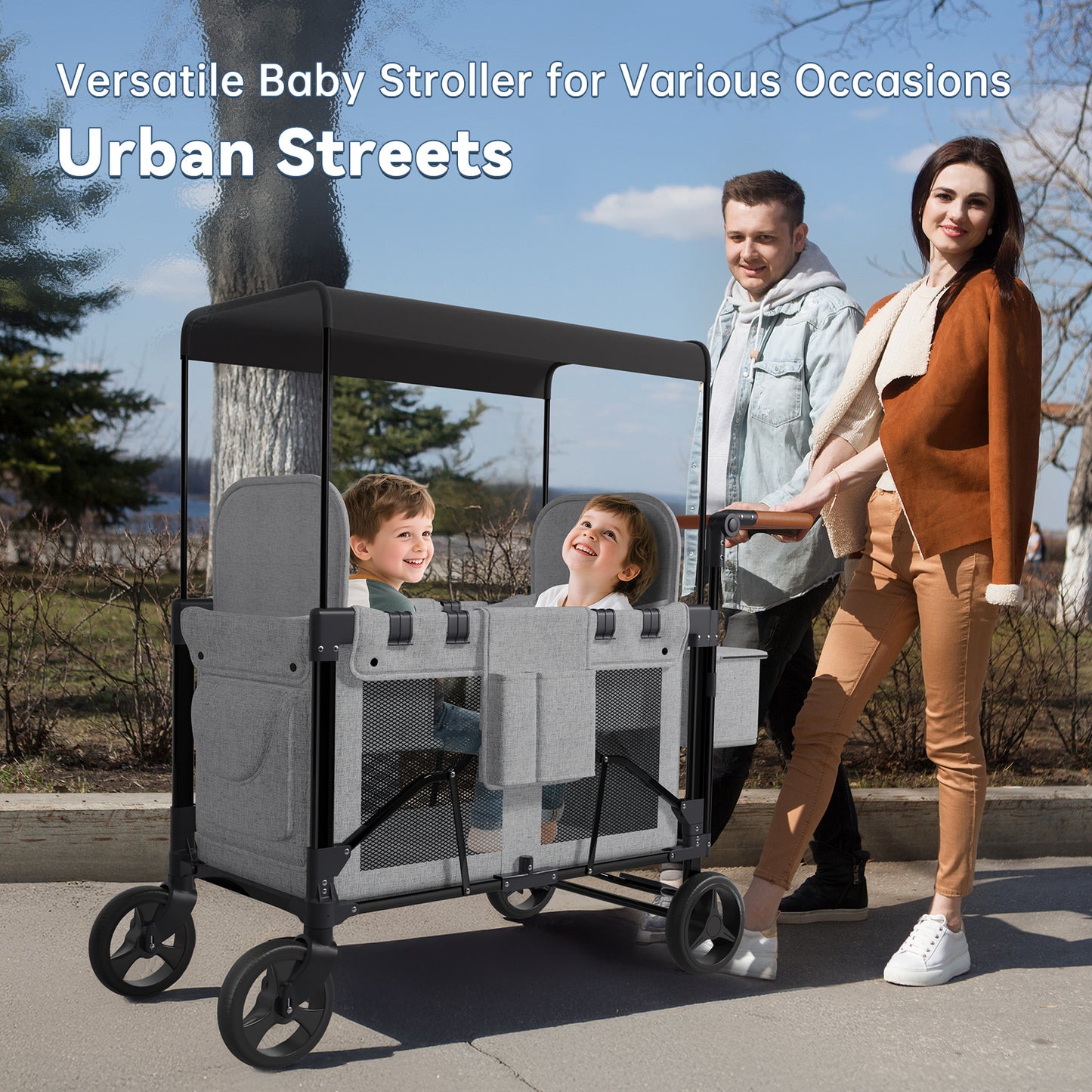 Vipsafe Foldable Wagon Stroller for 2 Kids, Multifunctional Wagon with Detachable Canopy, Adjustable Handlebars, Removable Seats, Gray