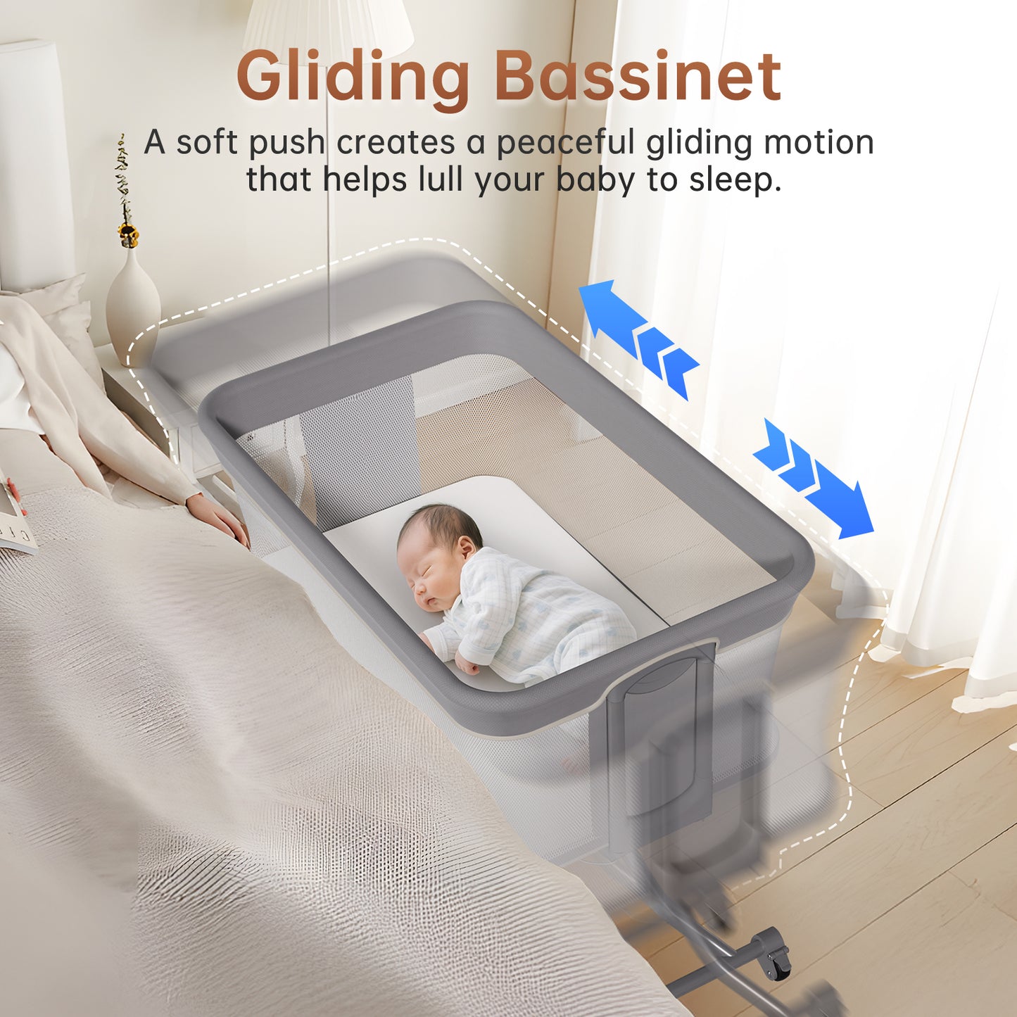 Vipsafe Baby Bassinet Sleeper, Adjustable Bedside Sleeper, Breathable Mesh with Wheels,Perfect Baby Shower Gift,Gray