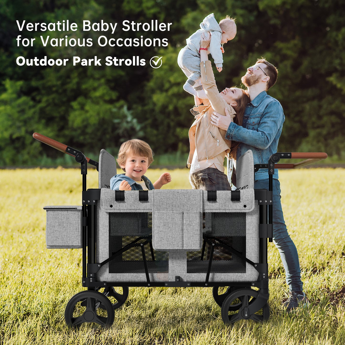 Vipsafe Foldable Wagon Stroller for 4 Kids, Multifunctional Wagon with Detachable Canopy, Adjustable Handlebars, Removable Seats, Gray