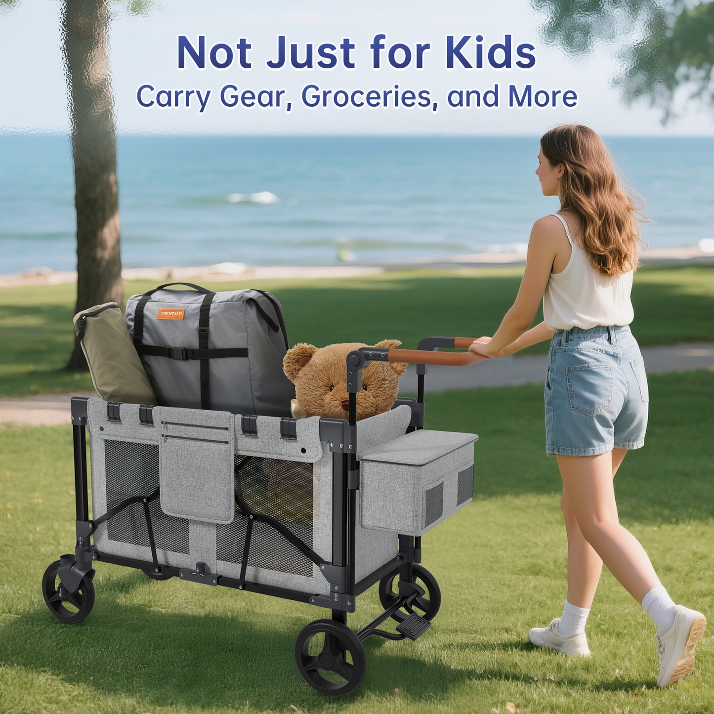 Vipsafe Foldable Wagon Stroller for 2 Kids, Multifunctional Wagon with Detachable Canopy, Adjustable Handlebars, Removable Seats, Gray
