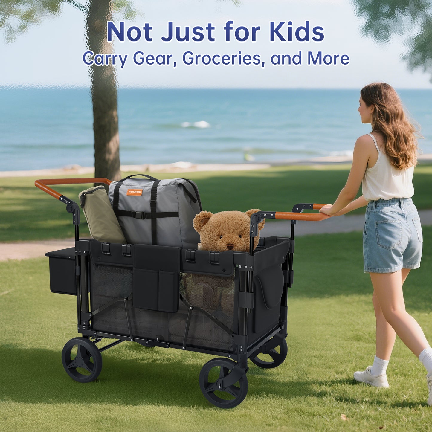 Vipsafe Foldable Wagon Stroller for 4 Kids, Multifunctional Wagon with Detachable Canopy, Adjustable Handlebars, Removable Seats, and Easy Storage