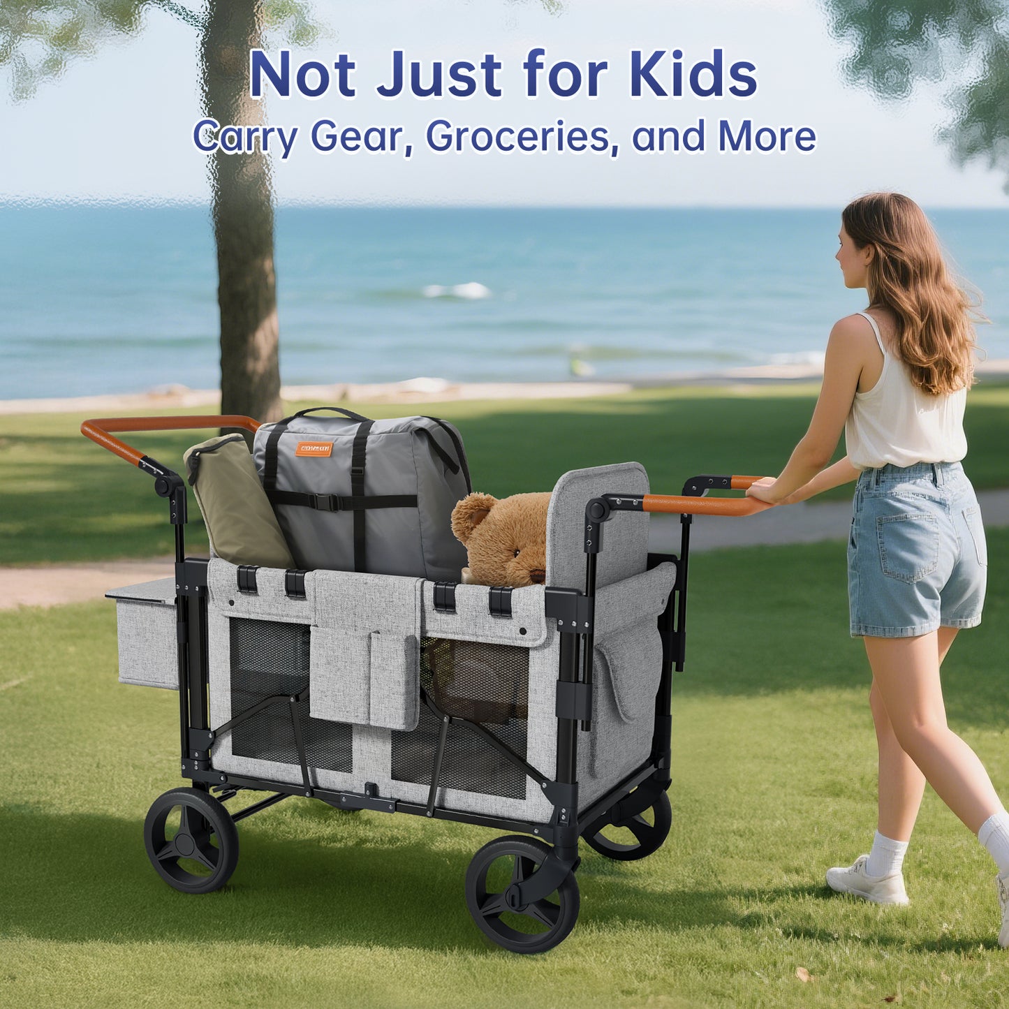 Vipsafe Foldable Wagon Stroller for 4 Kids, Multifunctional Wagon with Detachable Canopy, Adjustable Handlebars, Removable Seats, Gray