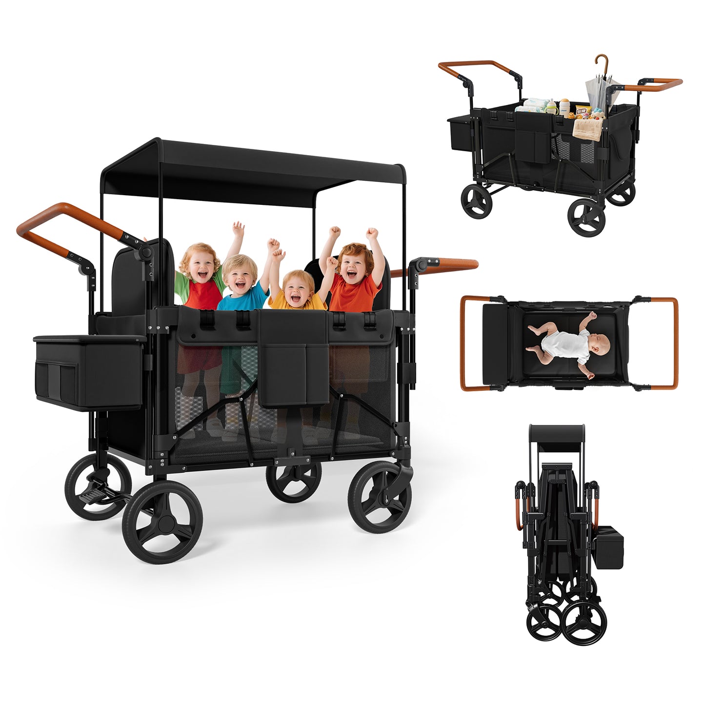 Vipsafe Foldable Wagon Stroller for 4 Kids, Multifunctional Wagon with Detachable Canopy, Adjustable Handlebars, Removable Seats, and Easy Storage