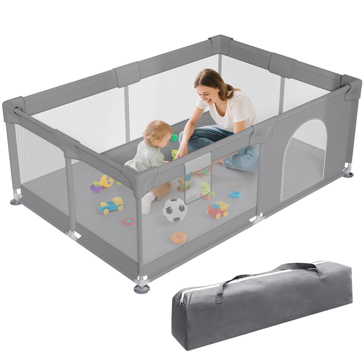 Vipsafe Baby Playpen with Carry Bag Safety Play Yard for Toddlers Easy to Assemble & Store Durable & Portable Playpen for Kids 49" x 71" Gray