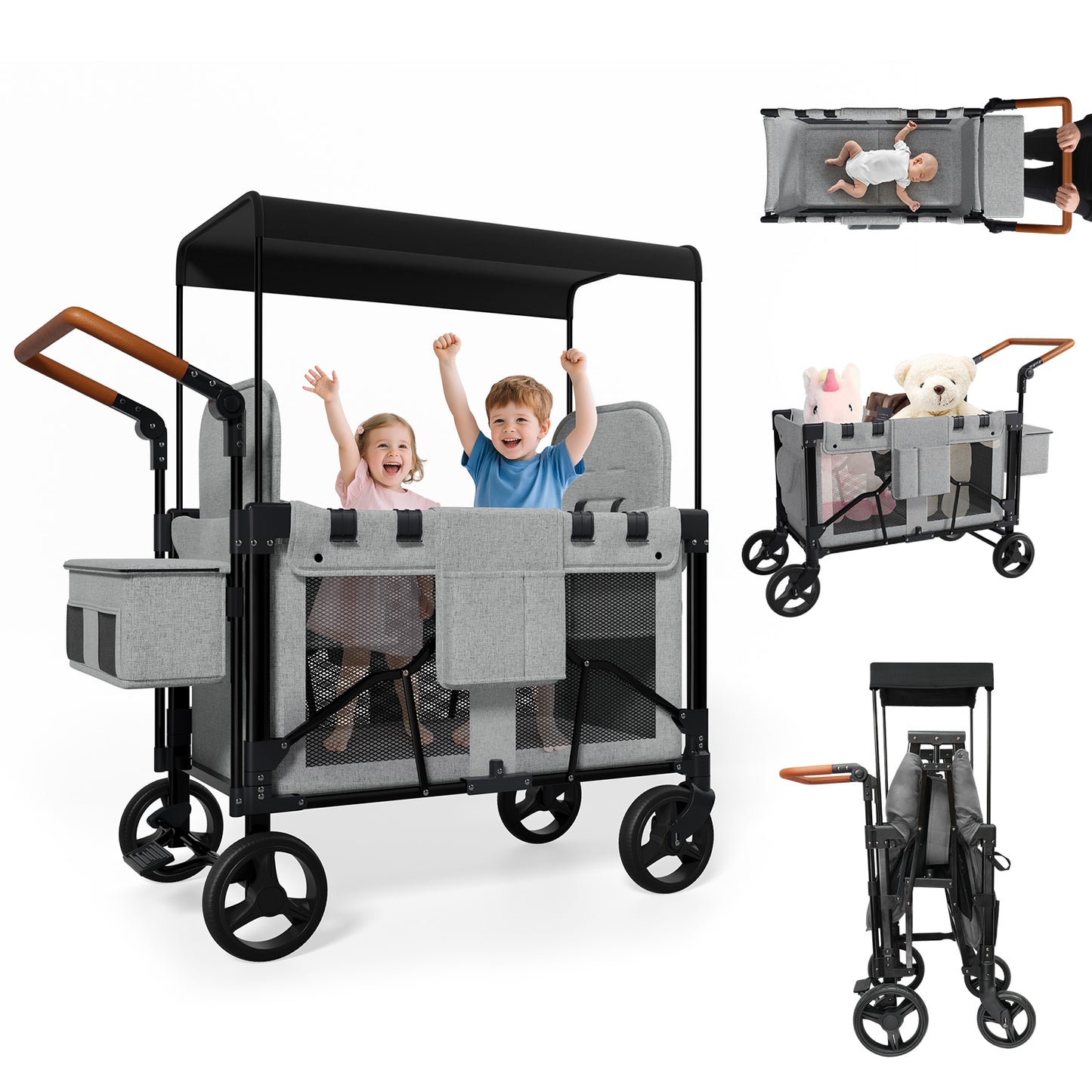 Vipsafe Foldable Wagon Stroller for 2 Kids, Multifunctional Wagon with Detachable Canopy, Adjustable Handlebars, Removable Seats, Gray