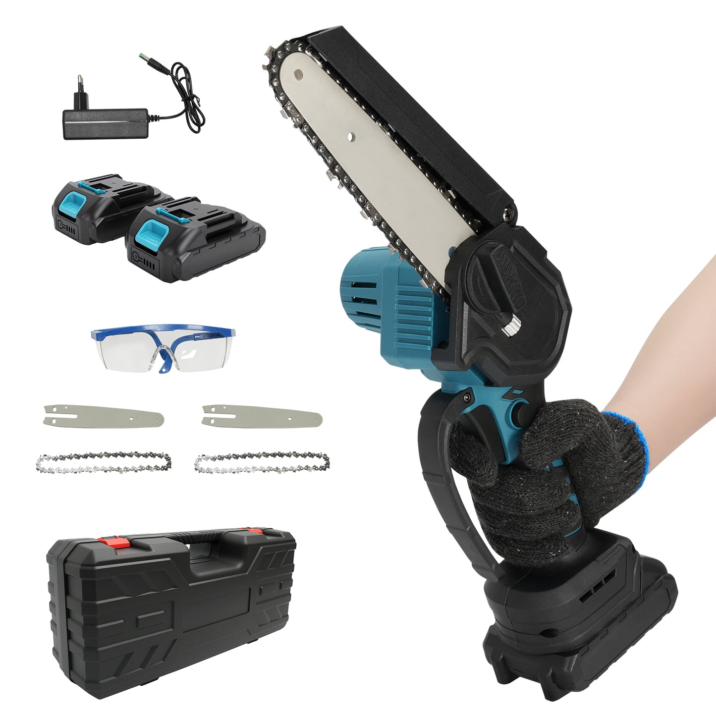 Vipsafe 6" Portable Cordless Electric Chainsaw with 2 x 21V 2000mAh Batteries, Ideal for Gardening, Wood Cutting and DIY, Blue