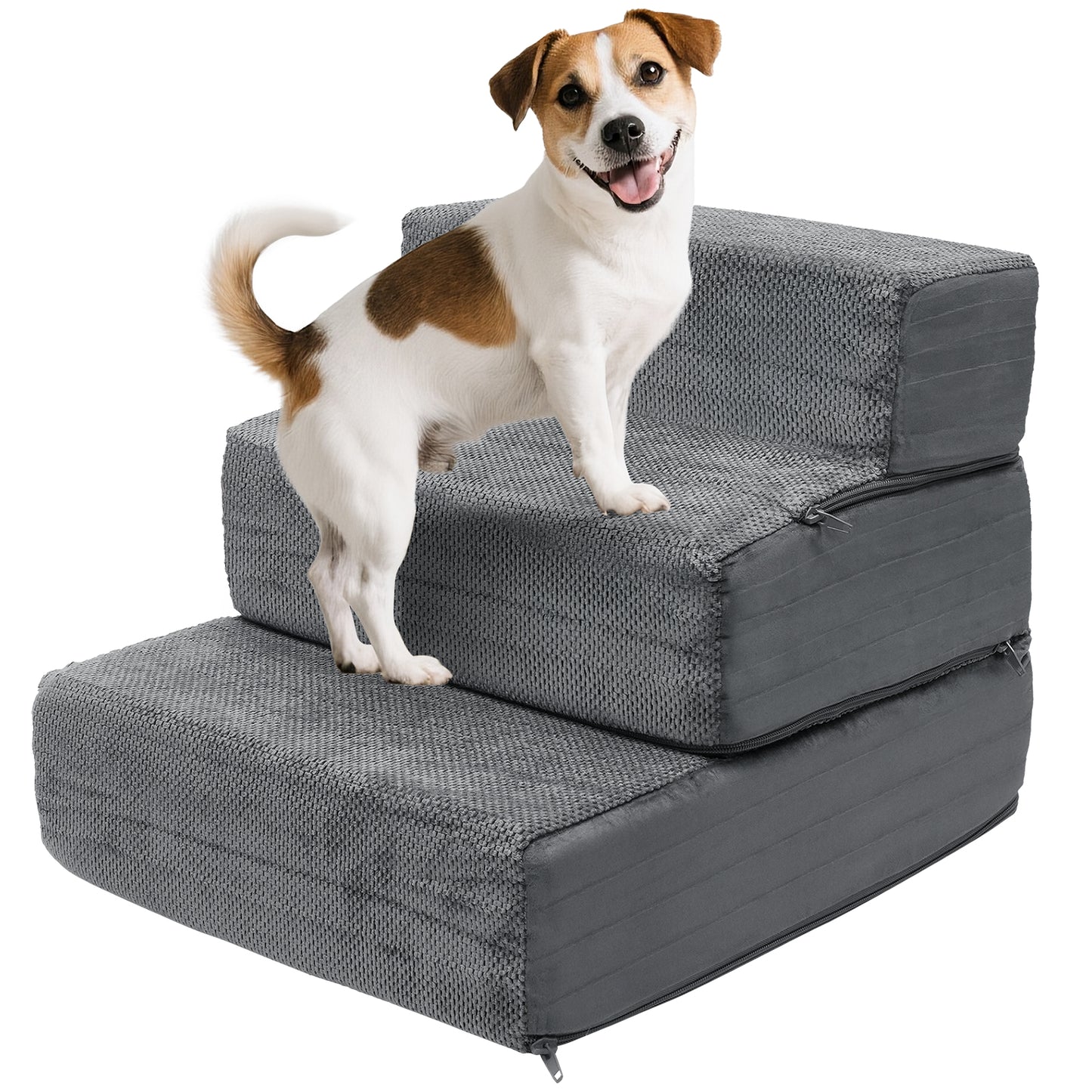 Vipsafe 3-Step Dog Ramp Ladder, Pet Stairs with Non-Slip Bottom and Washable Cover for Small Dogs and Cats,Gray