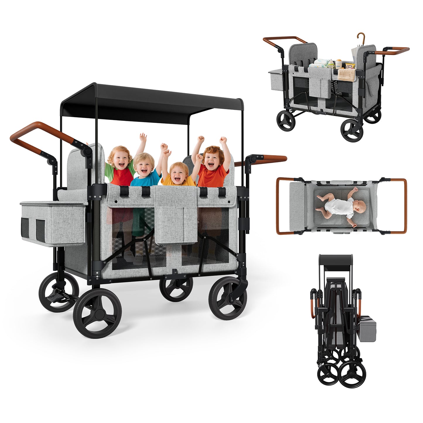 Vipsafe Foldable Wagon Stroller for 4 Kids, Multifunctional Wagon with Detachable Canopy, Adjustable Handlebars, Removable Seats, Gray