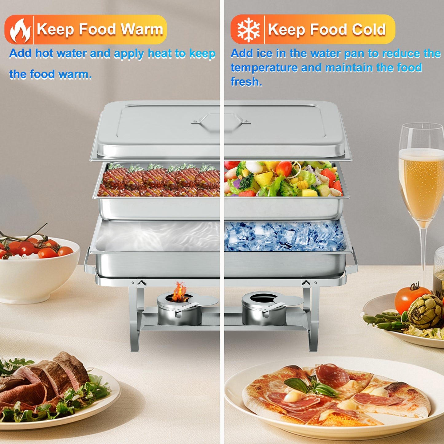 Chafing Dish Buffet Set 2 Pack,Vipsafe 8QT Rectangle Stainless Steel Chafing Dishes for Buffet