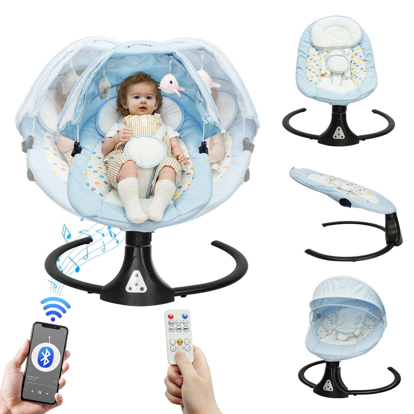 Vipsafe Baby Swing for Infants up to 22lb with Bluetooth Music, 5 Speeds & 3 Timer Settings, Blue