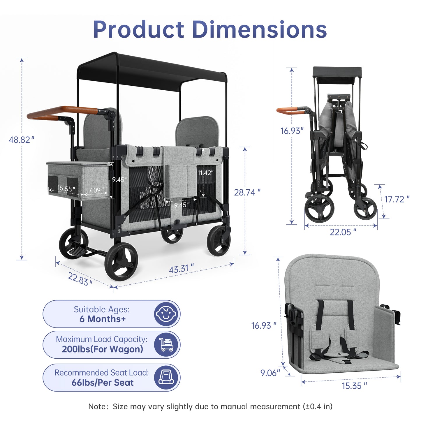Vipsafe Foldable Wagon Stroller for 2 Kids, Multifunctional Wagon with Detachable Canopy, Adjustable Handlebars, Removable Seats, Gray