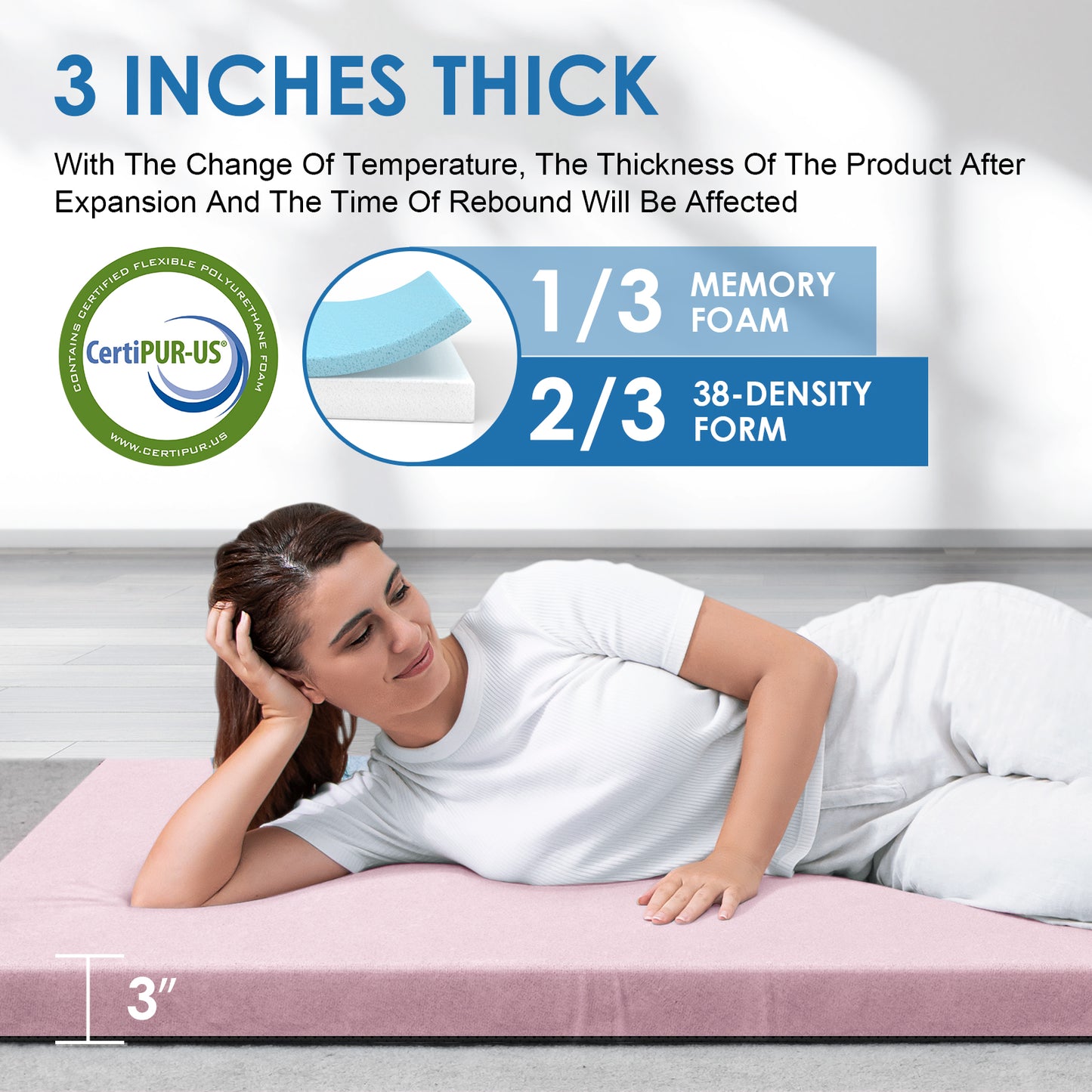Vipsafe CertiPUR-US Memory Foam Camping Mattress, Portable Sleeping Pad with Waterproof Cover & Bag,75*38*3",Pink