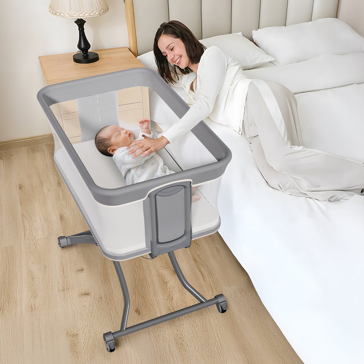 Vipsafe Baby Bassinet Sleeper, Adjustable Bedside Sleeper, Breathable Mesh with Wheels,Perfect Baby Shower Gift,Gray
