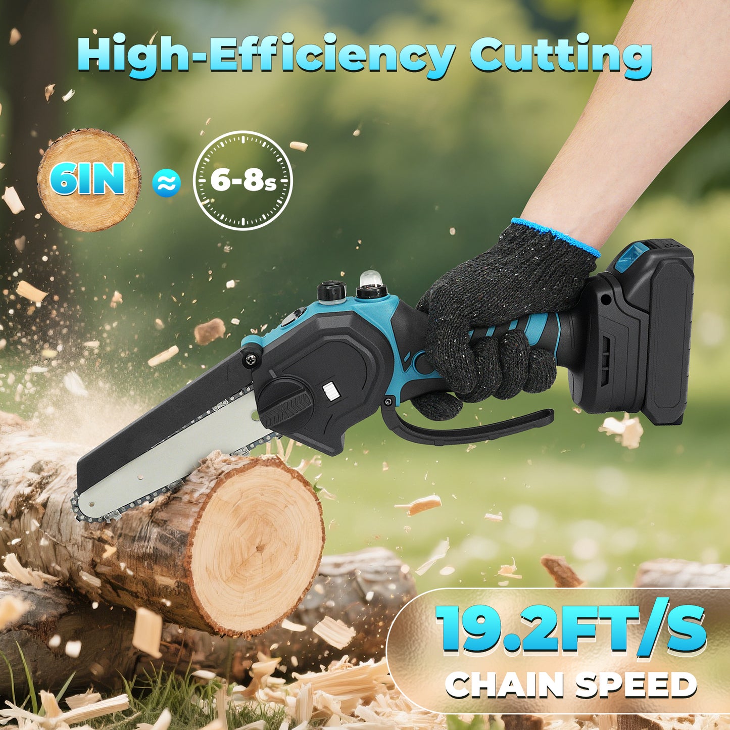 Vipsafe 6" Portable Cordless Electric Chainsaw with 2 x 21V 2000mAh Batteries, Ideal for Gardening, Wood Cutting and DIY, Blue