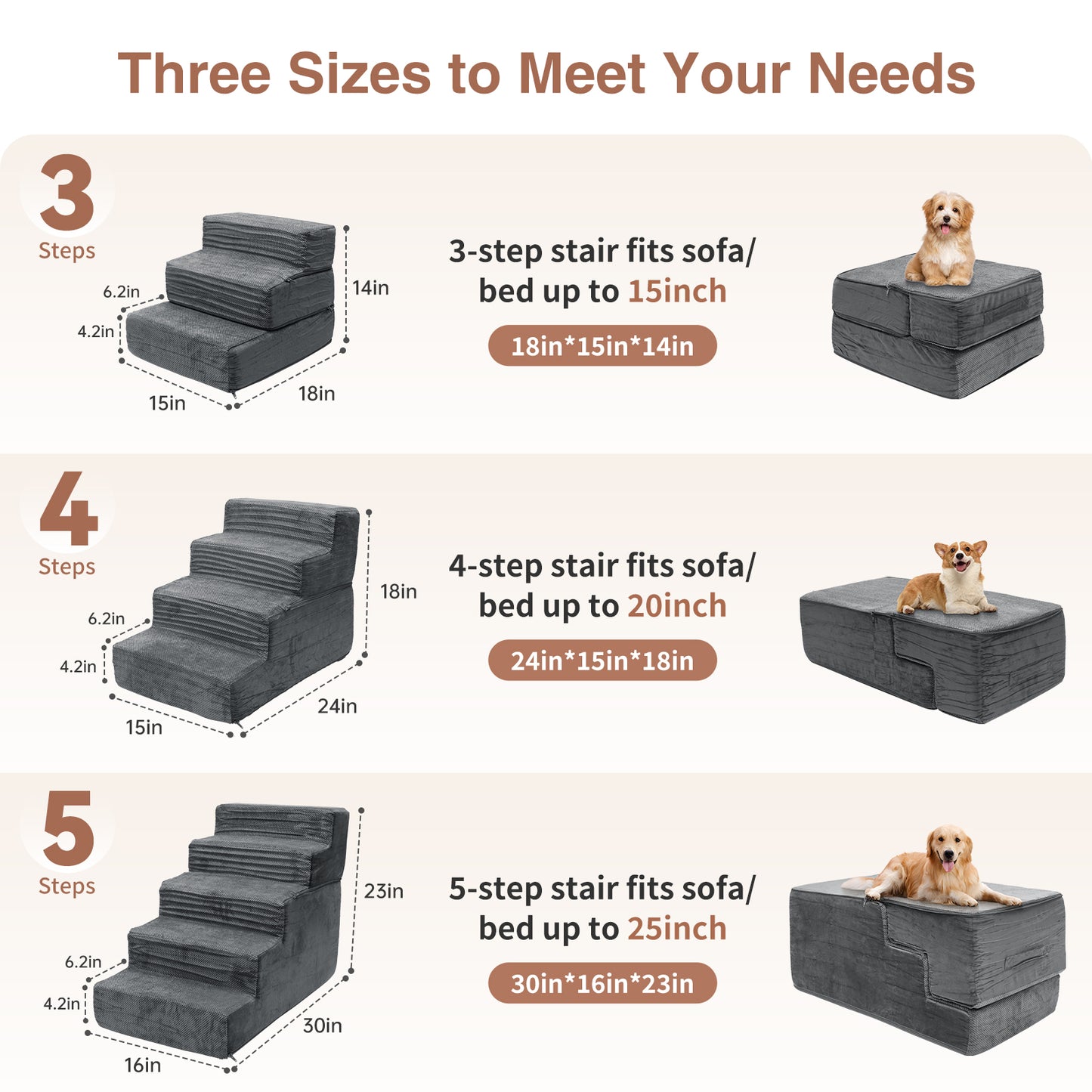 Vipsafe 5-Step Dog Ramp Ladder, Pet Stairs with Non-Slip Bottom and Washable Cover for Small Dogs and Cats,Gray