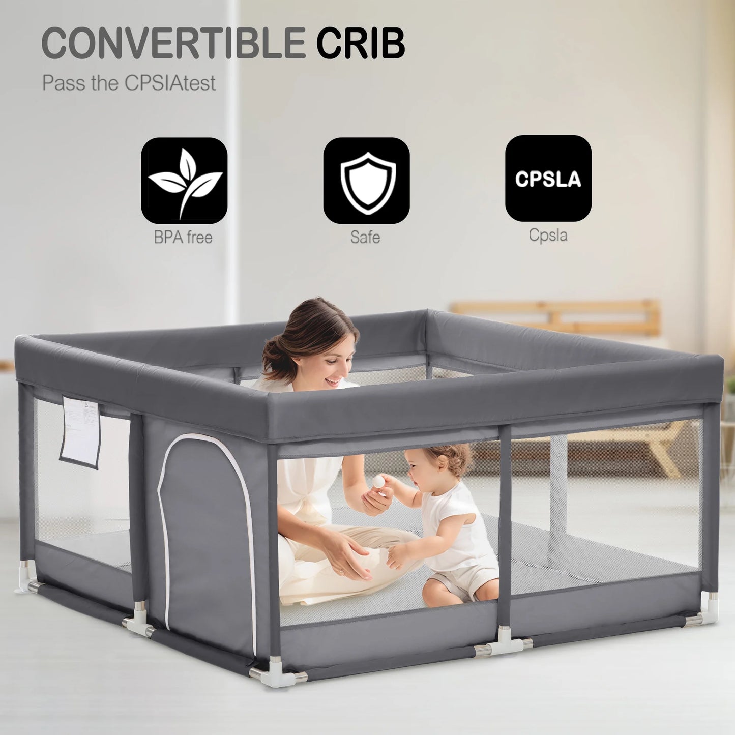 Vipsafe Baby Playpen Safety Play Yard with Mat and Carry Bag, Portable & Easy to Assemble, 50" x 50", Gray