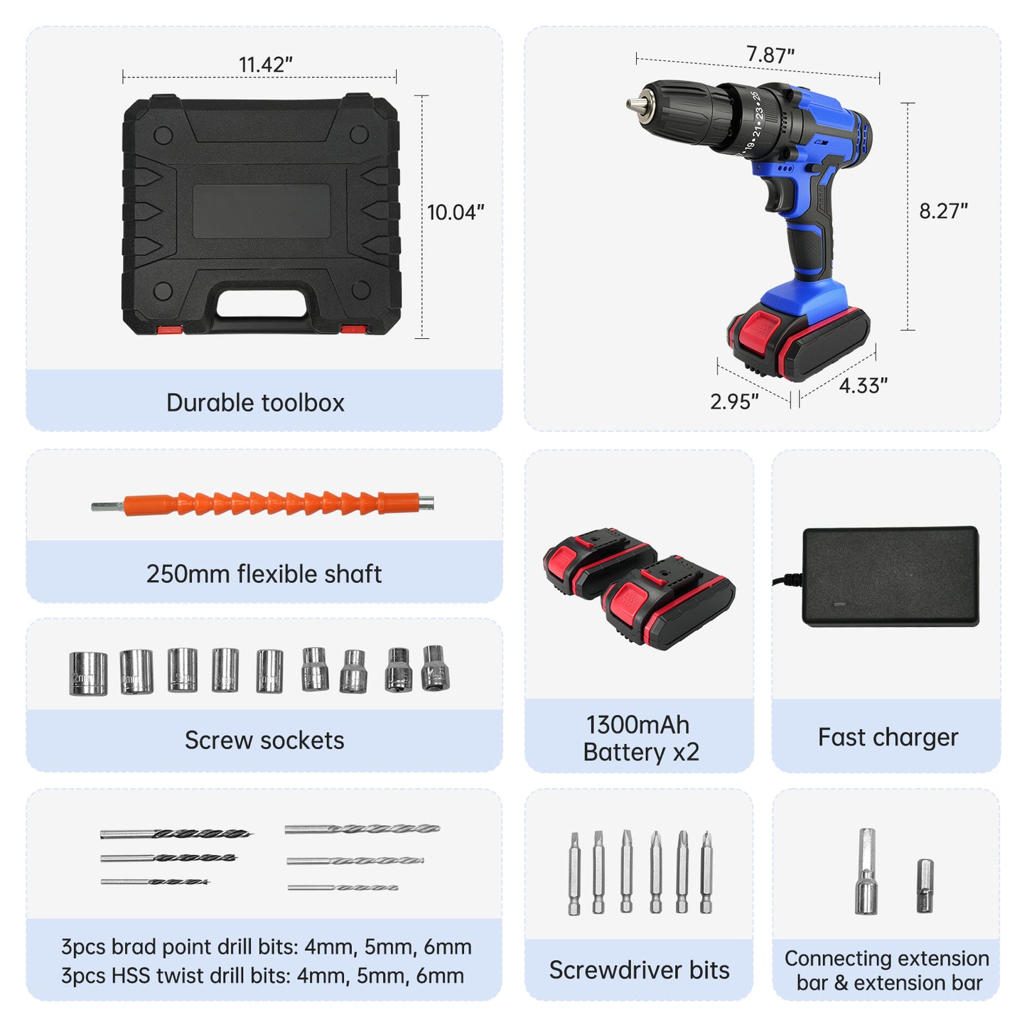 Vipsafe 21V Cordless Drill Kit, 2 Batteries, 25+1 Torque, LED, Variable Speed, 29 Tools, for Wood, Metal, Home DIY Projects