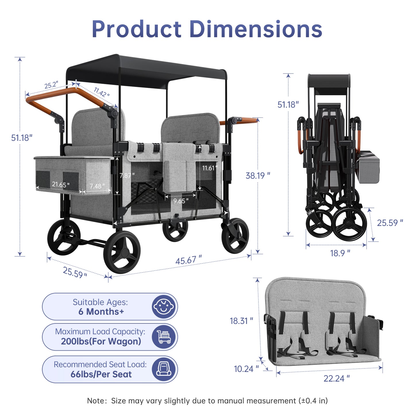 Vipsafe Foldable Wagon Stroller for 4 Kids, Multifunctional Wagon with Detachable Canopy, Adjustable Handlebars, Removable Seats, Gray