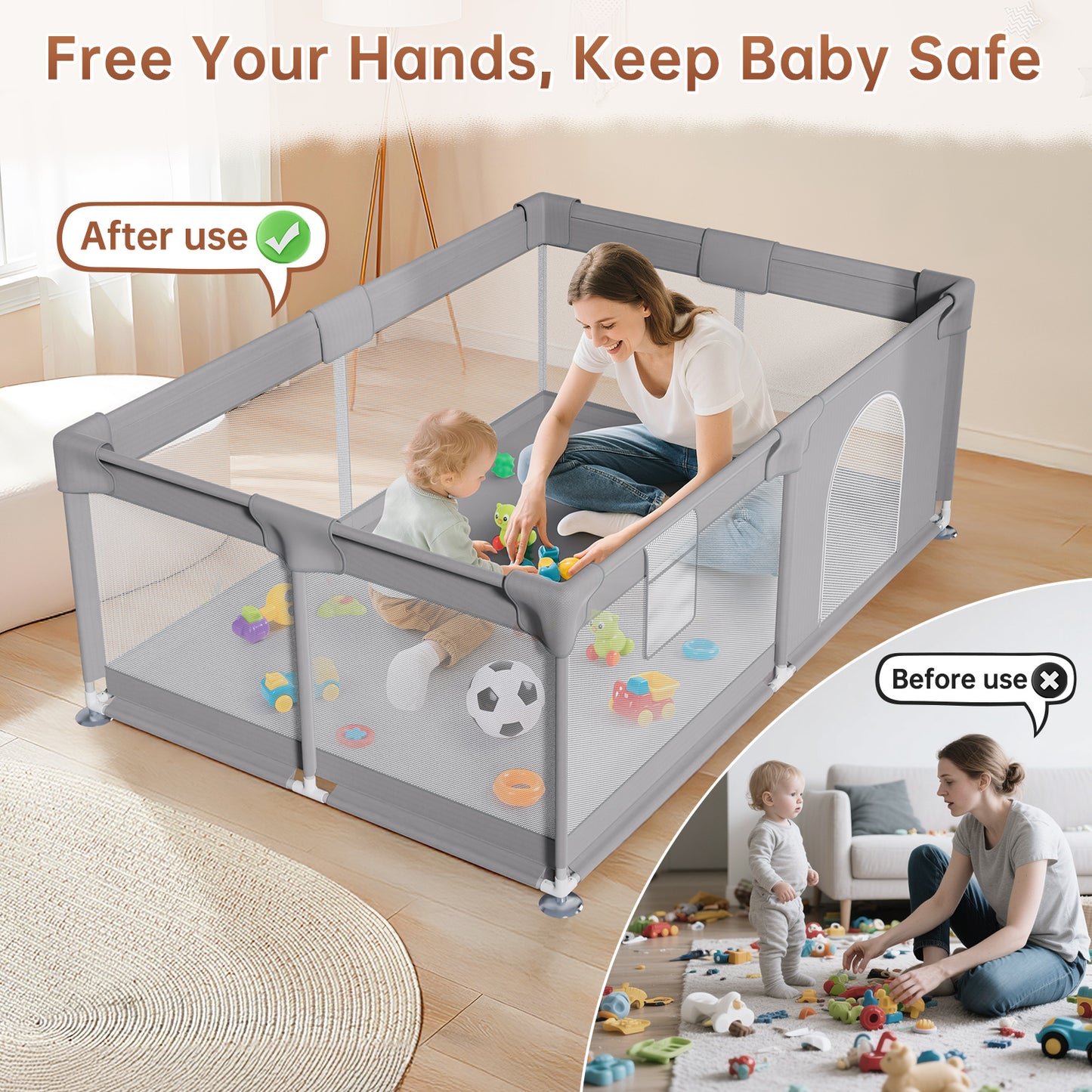Vipsafe Baby Playpen with Carry Bag Safety Play Yard for Toddlers Easy to Assemble & Store Durable & Portable Playpen for Kids 49" x 71" Gray