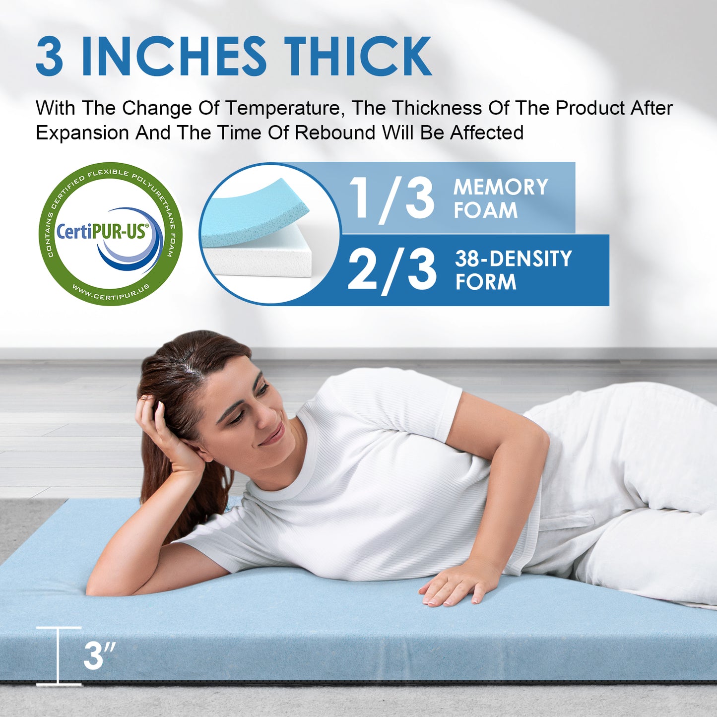Vipsafe CertiPUR-US Memory Foam Camping Mattress, Portable Sleeping Pad with Waterproof Cover & Bag,80*38*3",Blue