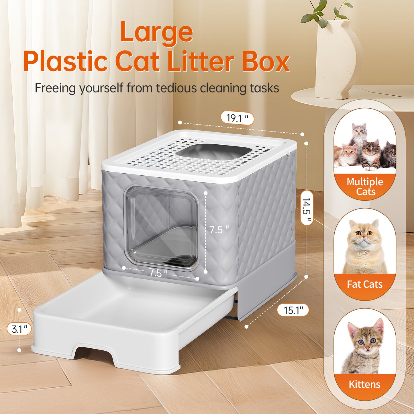 Vipsafe Cat Litter Box with Drawer and Scoop Tools – 19.88" x 16.06" x 14.57" – Easy Clean Design