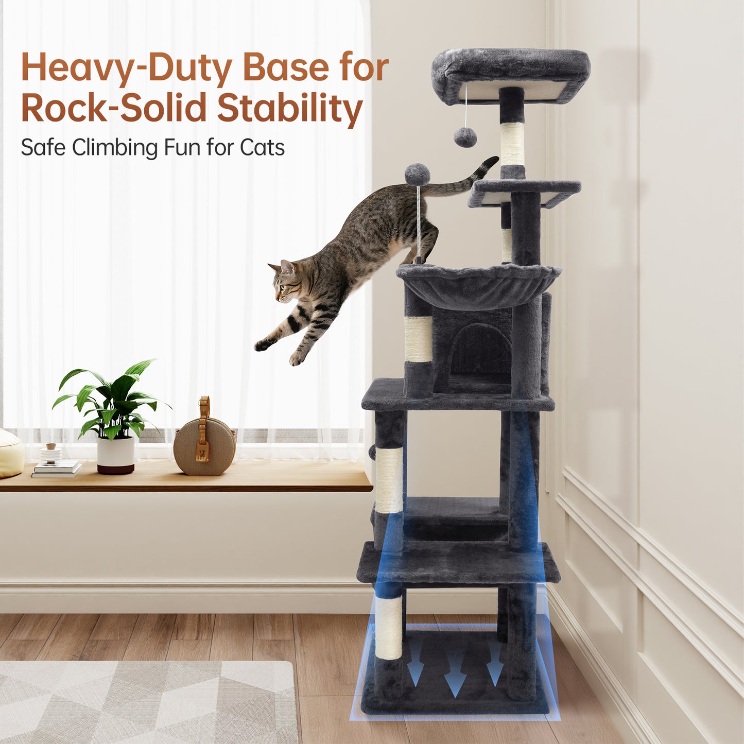 Vipsafe 63.8-Inch Cat Tree with 6 Tiers, Sisal Scratching Posts, Toys, and Cozy Bed for Indoor Cats