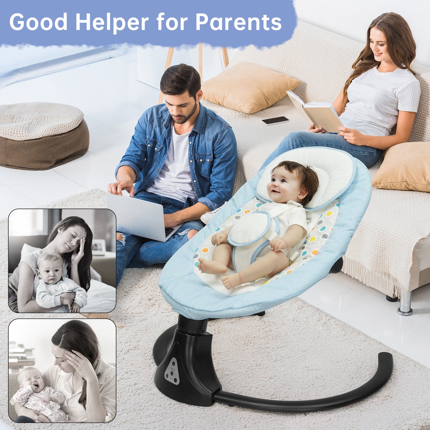 Vipsafe Baby Swing for Infants up to 22lb with Bluetooth Music, 5 Speeds & 3 Timer Settings, Blue