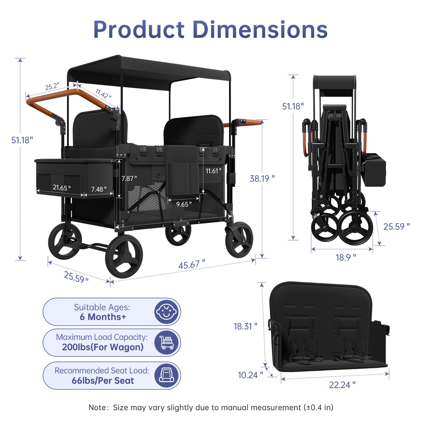 Vipsafe Foldable Wagon Stroller for 4 Kids, Multifunctional Wagon with Detachable Canopy, Adjustable Handlebars, Removable Seats, and Easy Storage