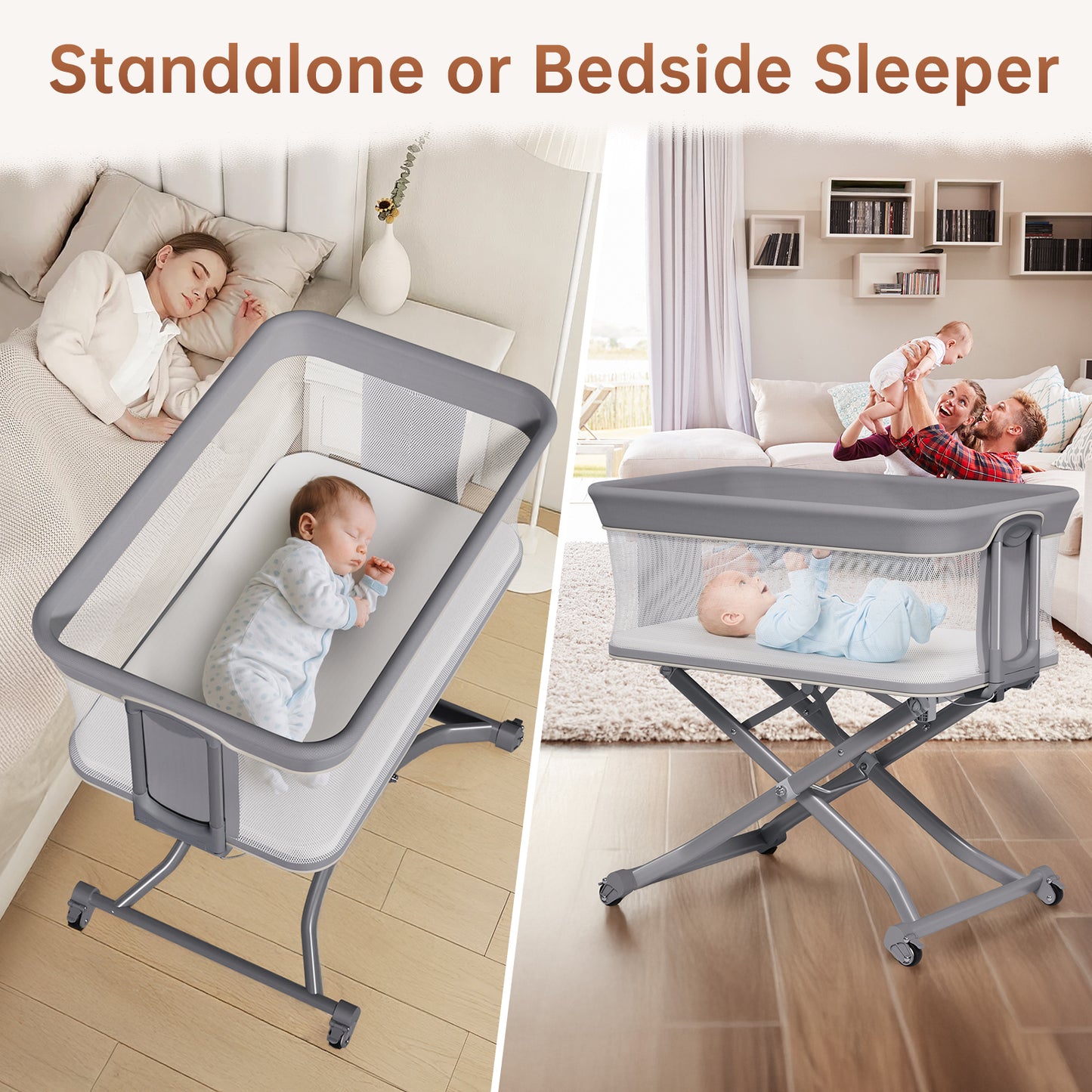 Vipsafe Baby Bassinet Sleeper, Adjustable Bedside Sleeper, Breathable Mesh with Wheels,Perfect Baby Shower Gift,Gray