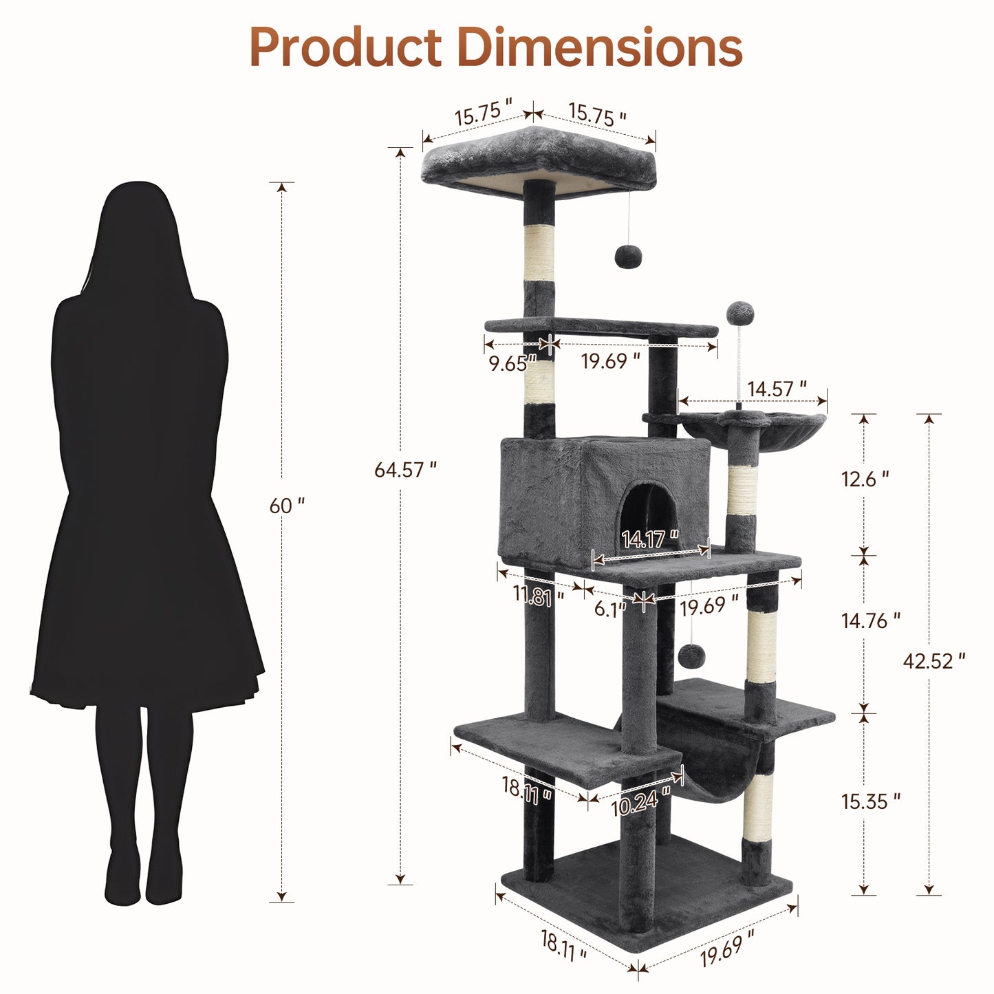 Vipsafe 63.8-Inch Cat Tree with 6 Tiers, Sisal Scratching Posts, Toys, and Cozy Bed for Indoor Cats