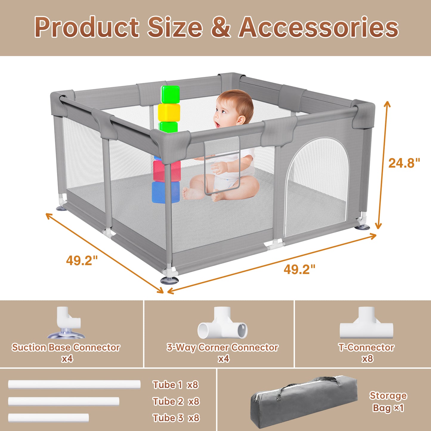 Vipsafe Baby Playpen Safety Play Yard with Carry Bag, Portable & Easy to Assemble, 49" x 49", Gray