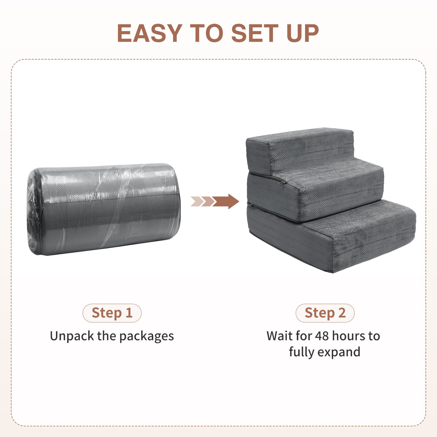 Vipsafe 3-Step Dog Ramp Ladder, Pet Stairs with Non-Slip Bottom and Washable Cover for Small Dogs and Cats,Gray