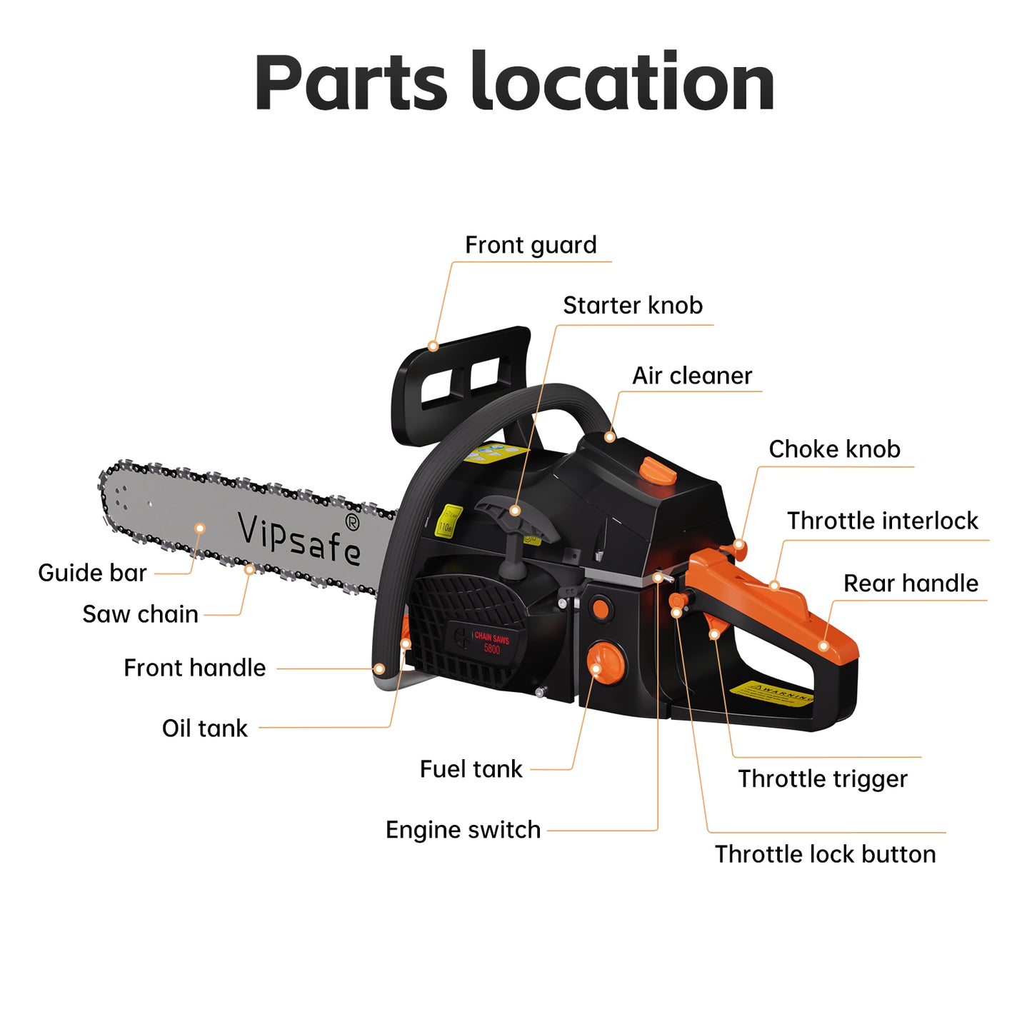 Vipsafe 58cc Gas Chainsaw 20-Inch Bar, 2-Cycle Engine, Anti-Vibration, Chain Brake, for Tree Cutting & Wood Trimming
