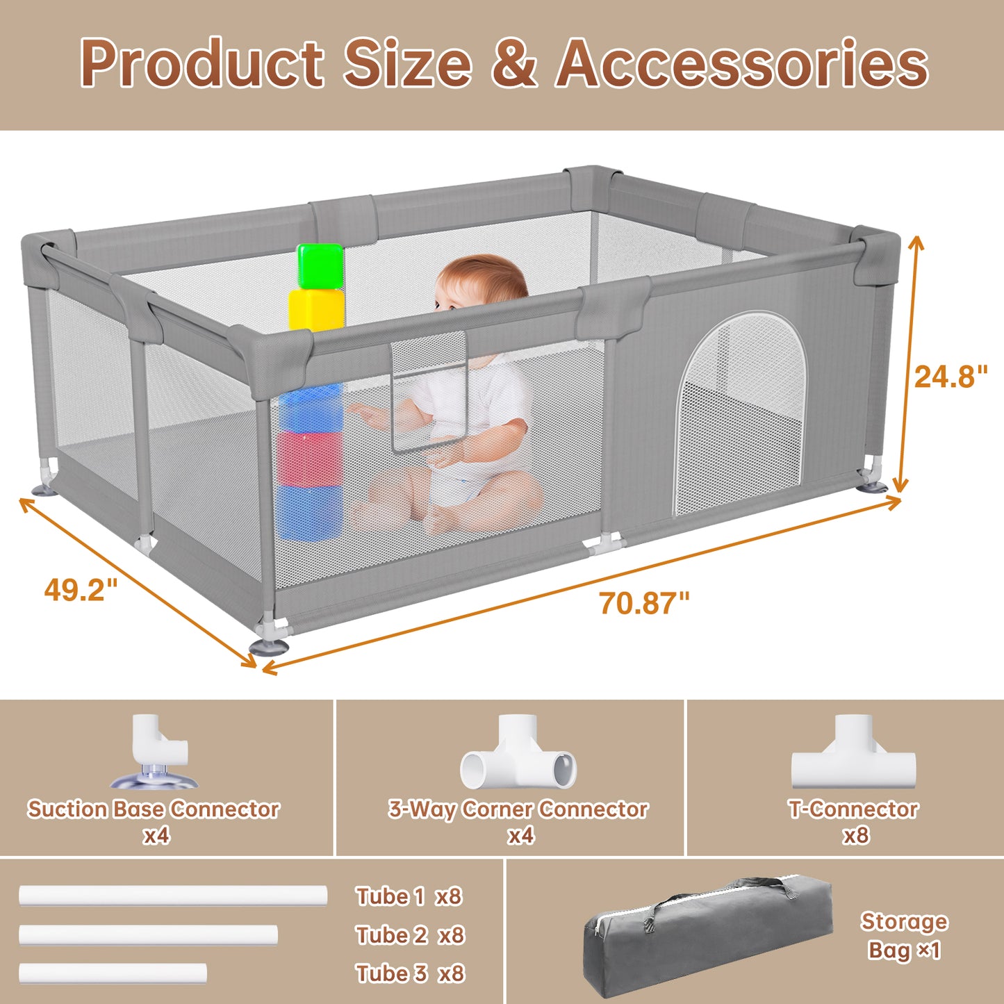 Vipsafe Baby Playpen with Carry Bag Safety Play Yard for Toddlers Easy to Assemble & Store Durable & Portable Playpen for Kids 49" x 71" Gray