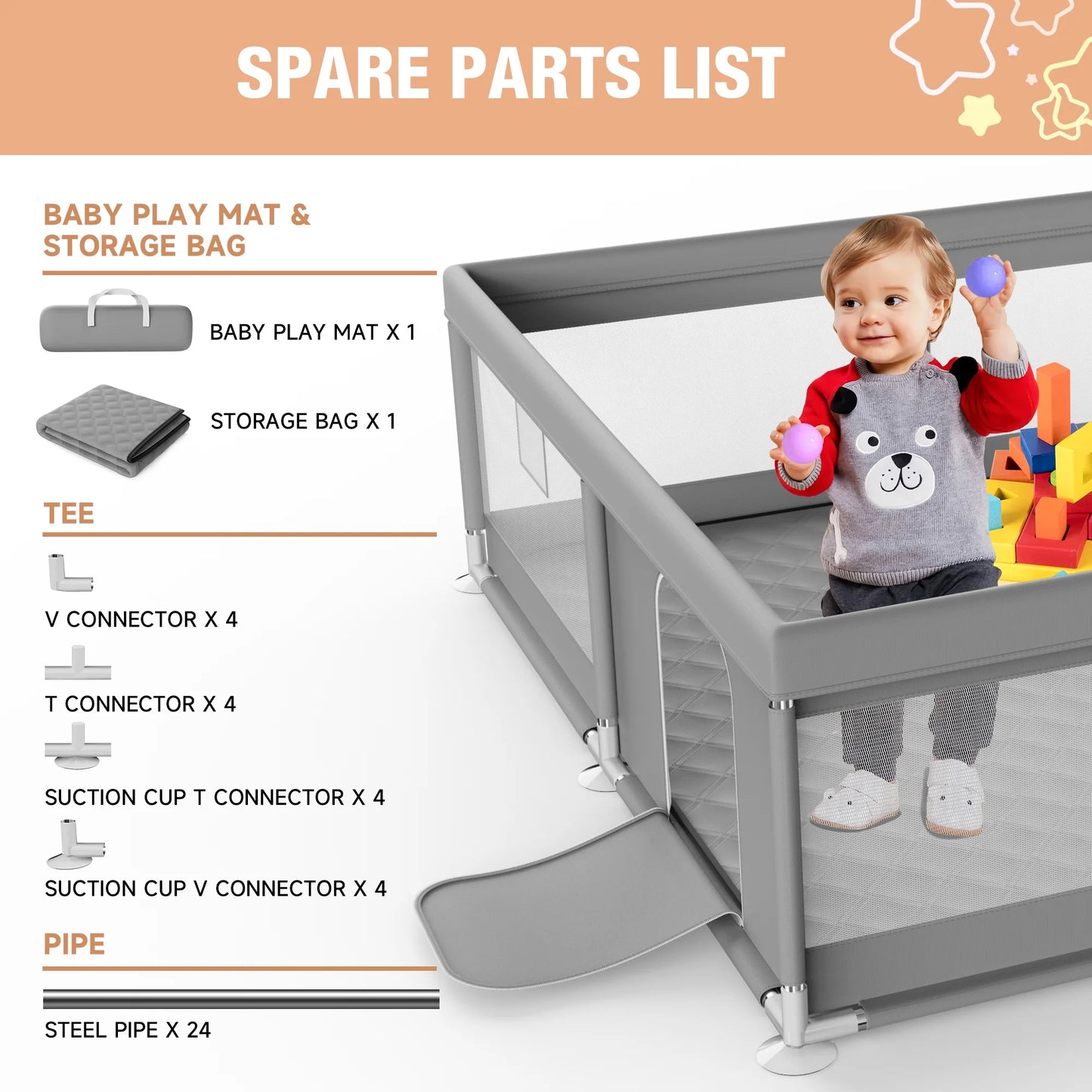 Vipsafe Baby Playpen Safety Play Yard with Mat and Carry Bag, Portable & Easy to Assemble, 50" x 50", Gray