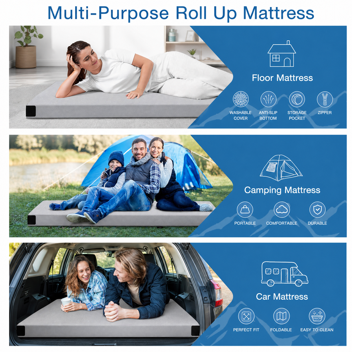 Vipsafe CertiPUR-US Memory Foam Camping Mattress, Portable Sleeping Pad with Waterproof Cover & Bag,75*30*3",Gray