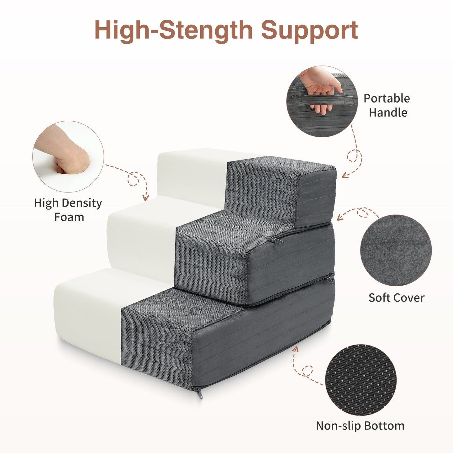 Vipsafe 3-Step Dog Stairs Pet Ramp Stairs for Small Dogs and Cats High Bed Couch Sofa Clambing, Non-Slip Bottom & Washable Cover,Gray