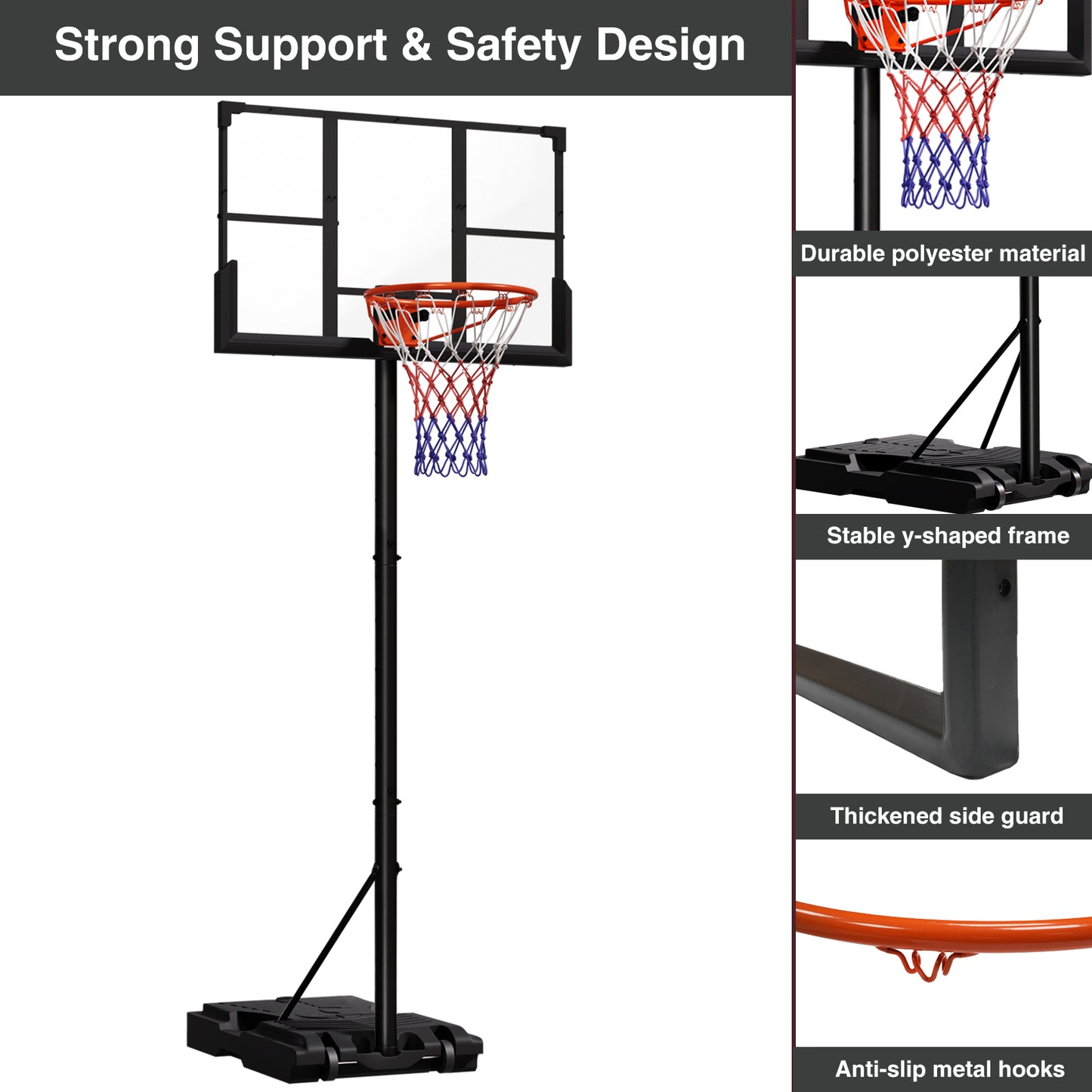 VIPSAFE 44-Inch Basketball Hoop System, 4.8-9.7 FT Height Adjustable for Kids Youth and Adults for Backyard, Driveway, Indoor Use