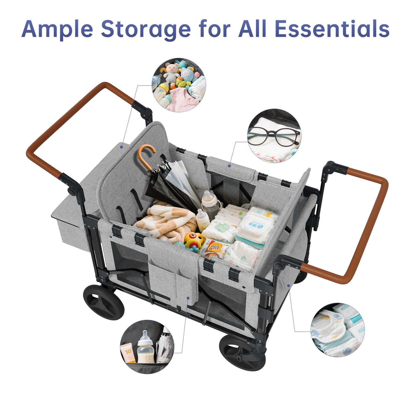 Vipsafe Foldable Wagon Stroller for 4 Kids, Multifunctional Wagon with Detachable Canopy, Adjustable Handlebars, Removable Seats, Gray