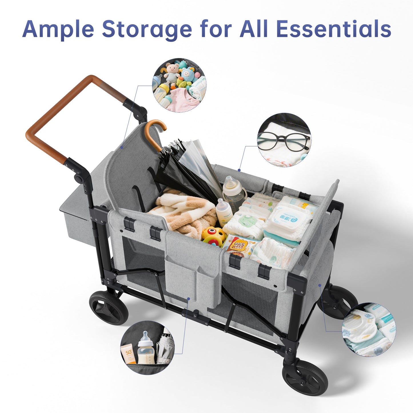 Vipsafe Foldable Wagon Stroller for 2 Kids, Multifunctional Wagon with Detachable Canopy, Adjustable Handlebars, Removable Seats, Gray