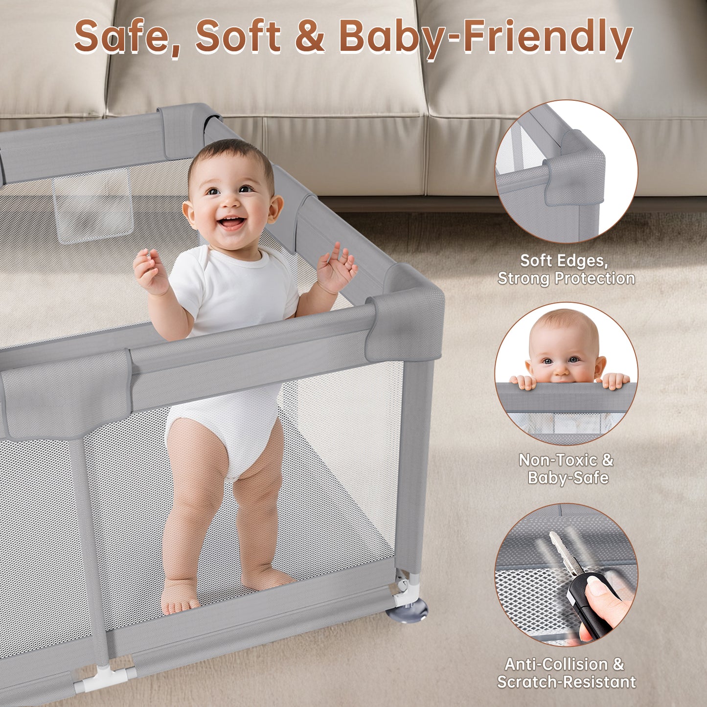 Vipsafe Baby Playpen Safety Play Yard with Carry Bag, Portable & Easy to Assemble, 49" x 49", Gray